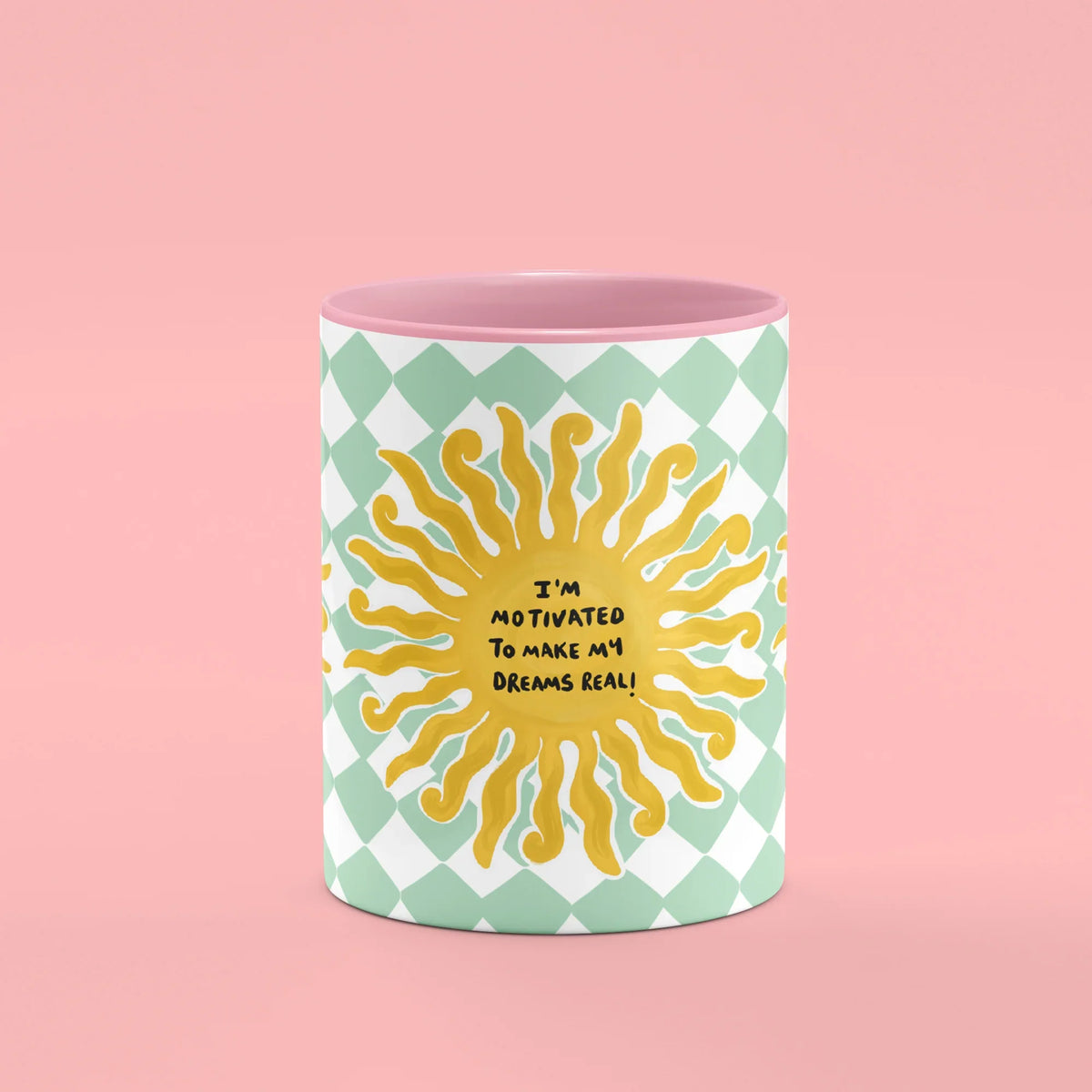 Manifest Sun Mug – front view of sunburst with I can achieve great things