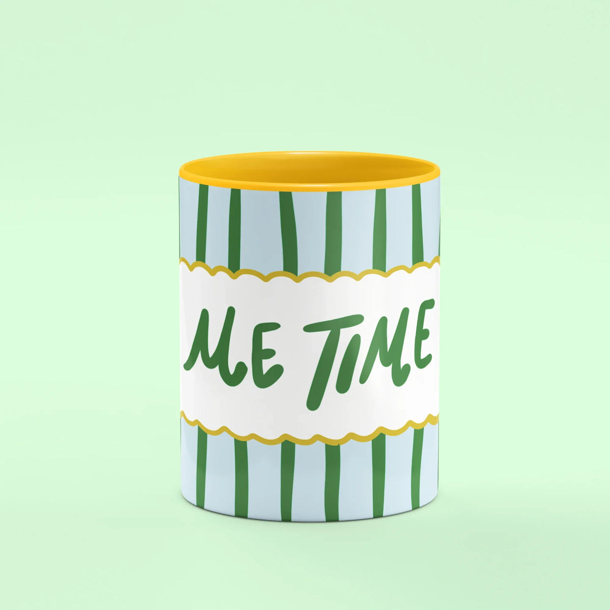 Me Time Mug – front view of Me Time lettering on stripes