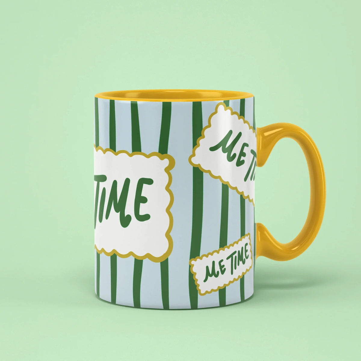 Me Time Mug – pastel stripes with Me Time labels, yellow handle on right