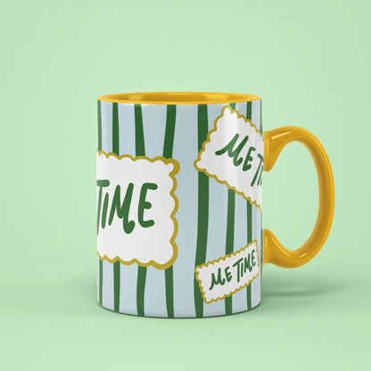 Me Time Mug – pastel stripes with Me Time labels, yellow handle on right