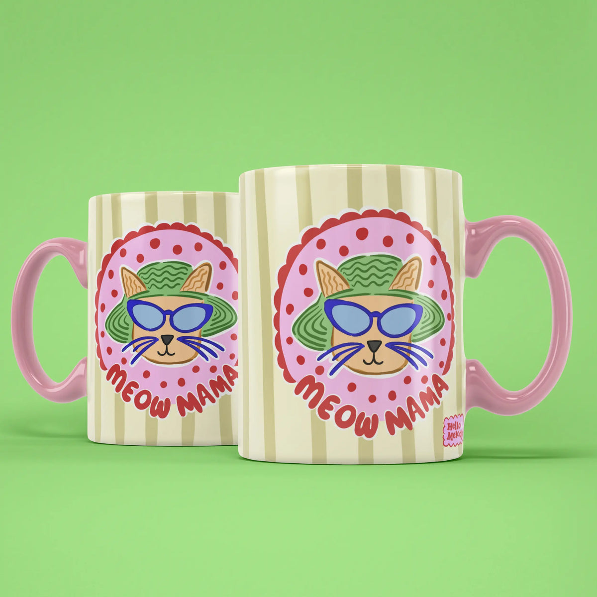 Two Meow Mama mugs showing both sides of the colourful cat design
