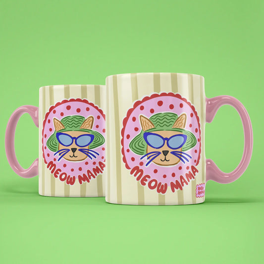Two Meow Mama mugs showing both sides of the colourful cat design