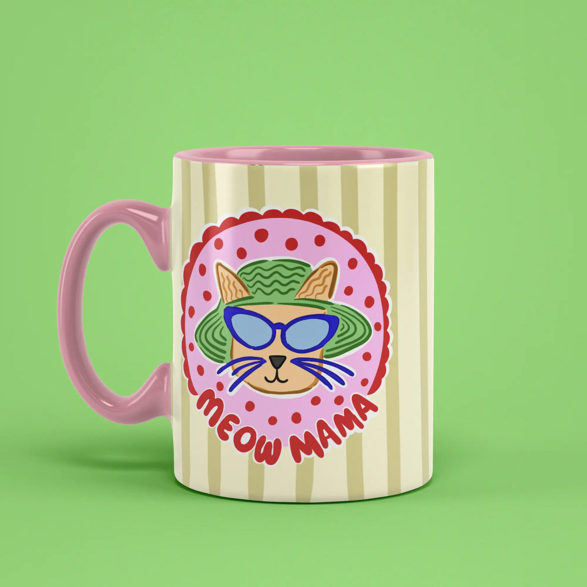 Meow Mama Mug with a stylish illustrated cat and a pink handle on the left