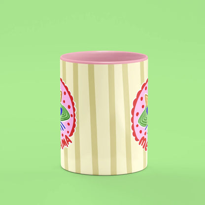 Front view of the Meow Mama Mug showing the cat in sunglasses and beret