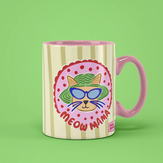 Meow Mama Mug with a cat in sunglasses and a pink handle