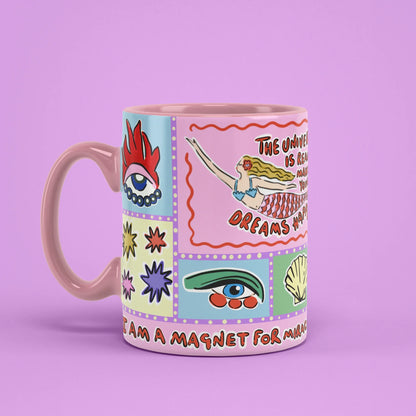 Mermaid Mug – ocean manifestation cup with pink handle on left