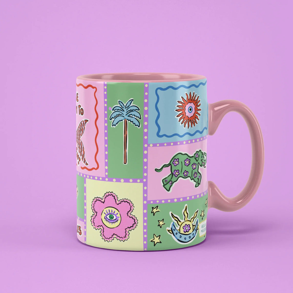 Mermaid Mug – magnet for miracles patchwork, pink handle on right