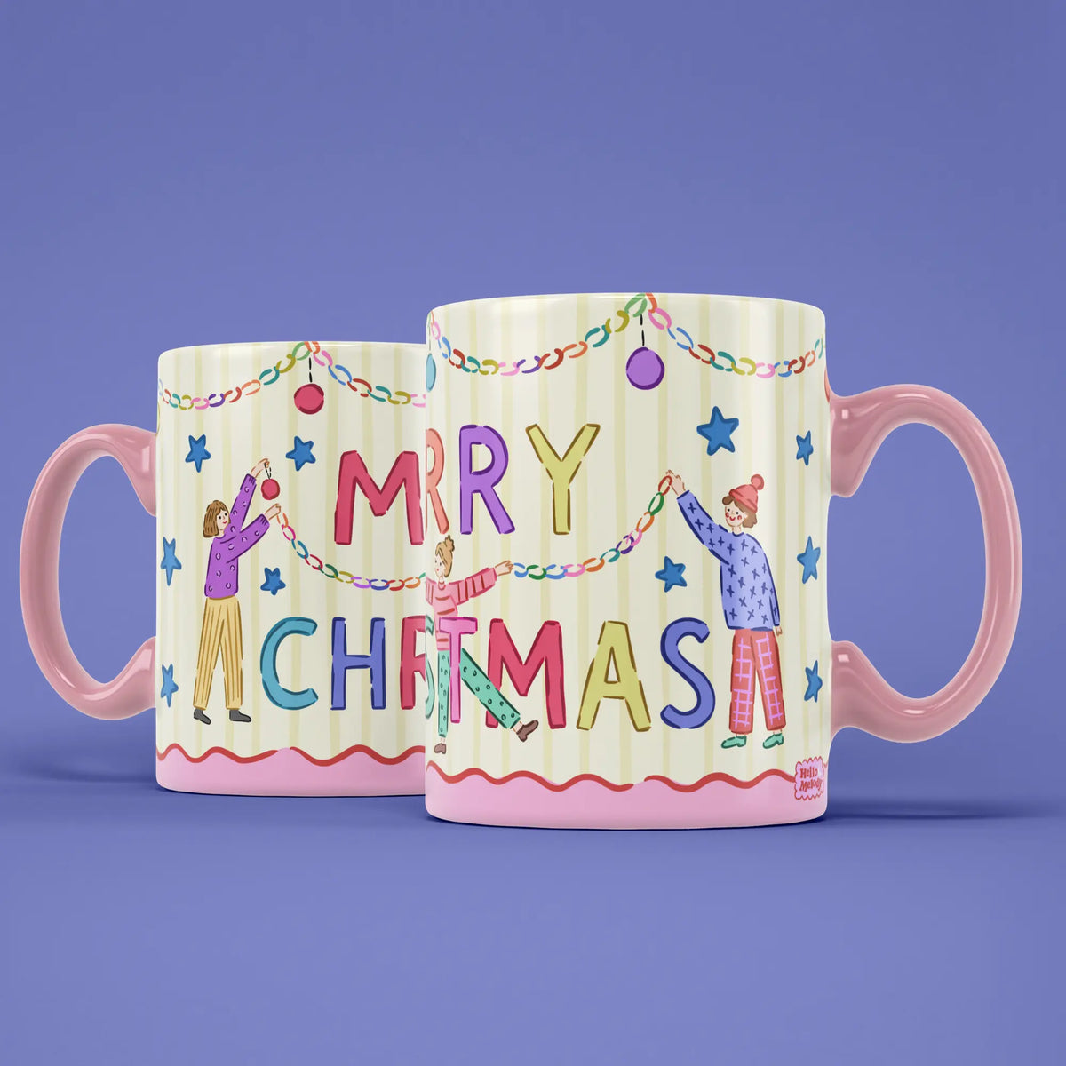 Two Merry Christmas Girls mugs showing both sides of the colourful festive design