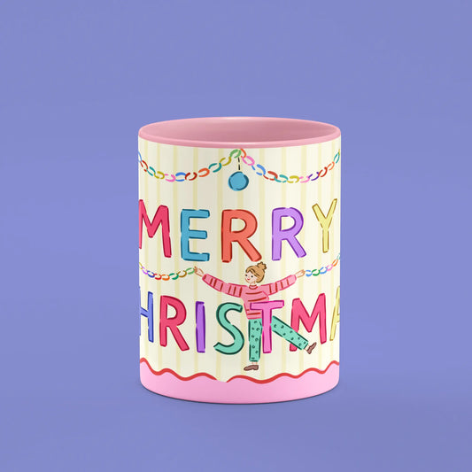 Front view of the Merry Christmas Girls Mug with festive lettering and illustrated women