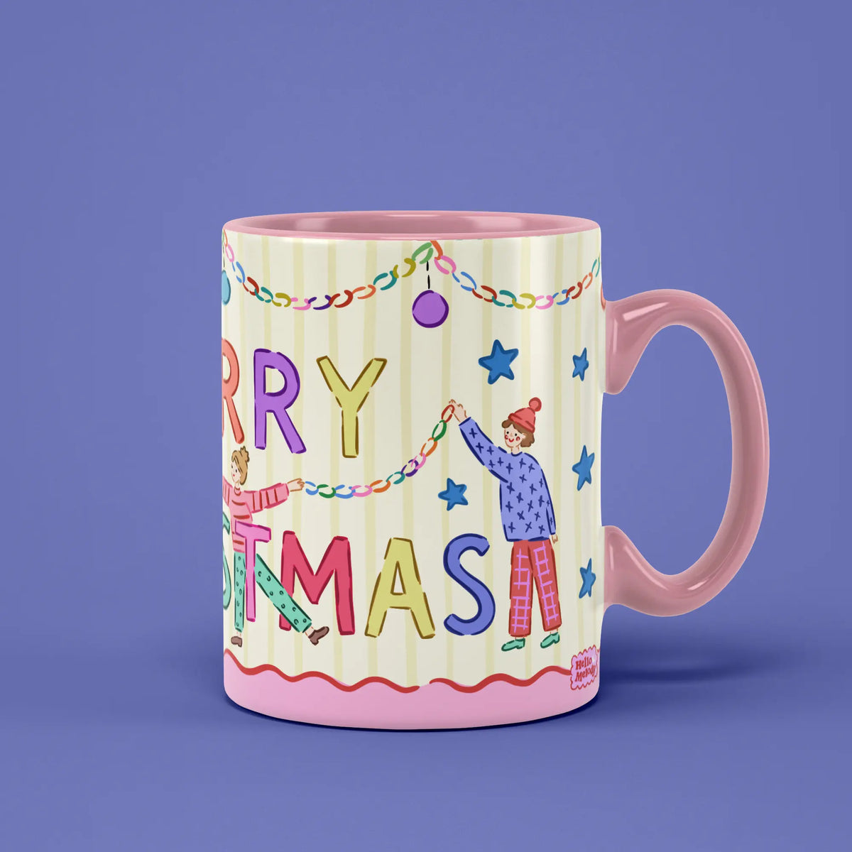 Merry Christmas Girls Mug with colourful festive figures and a pink handle