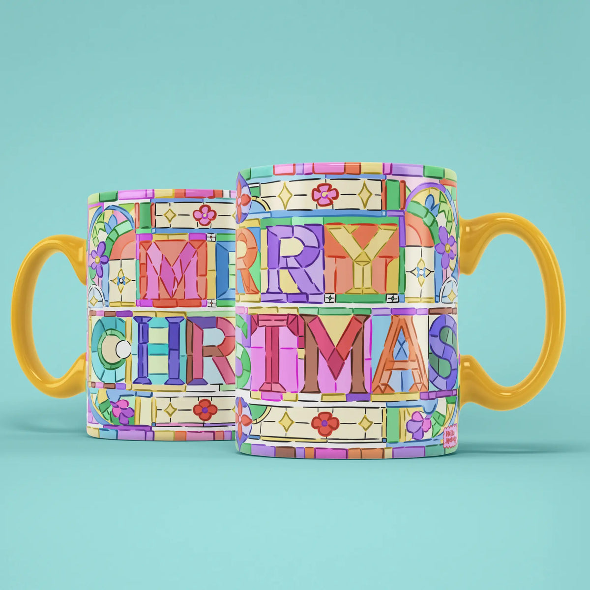 Two Merry Christmas Mosaic mugs showing both sides of the colourful tiled design
