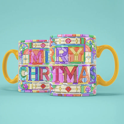 Two Merry Christmas Mosaic mugs showing both sides of the colourful tiled design