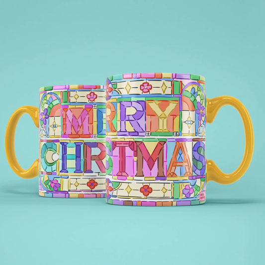 Two Merry Christmas Mosaic mugs showing both sides of the colourful tiled design