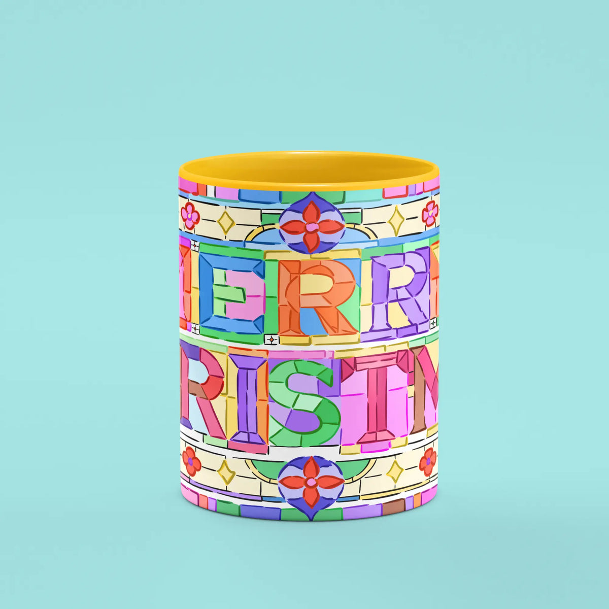 Front view of the Merry Christmas Mosaic Mug showing colourful tiled lettering