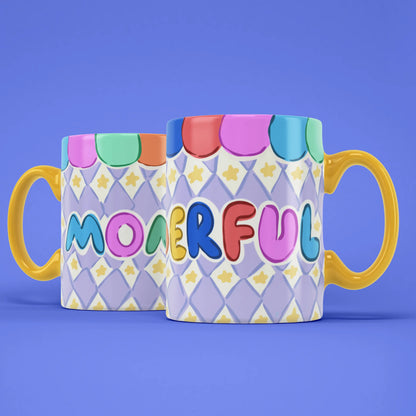 Two Momderful mugs showing both sides of the bright geometric design