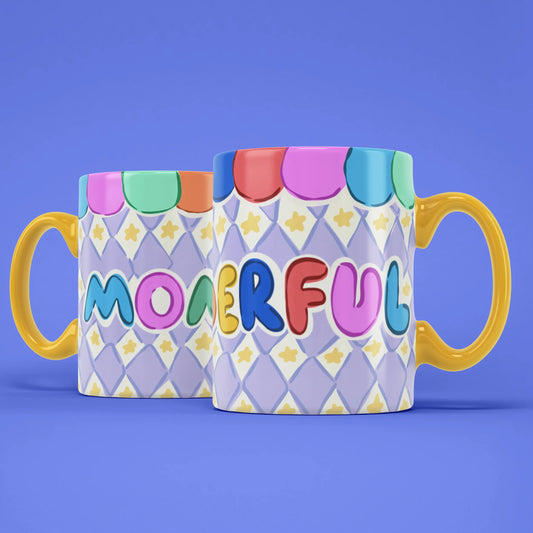 Two Momderful mugs showing both sides of the bright geometric design
