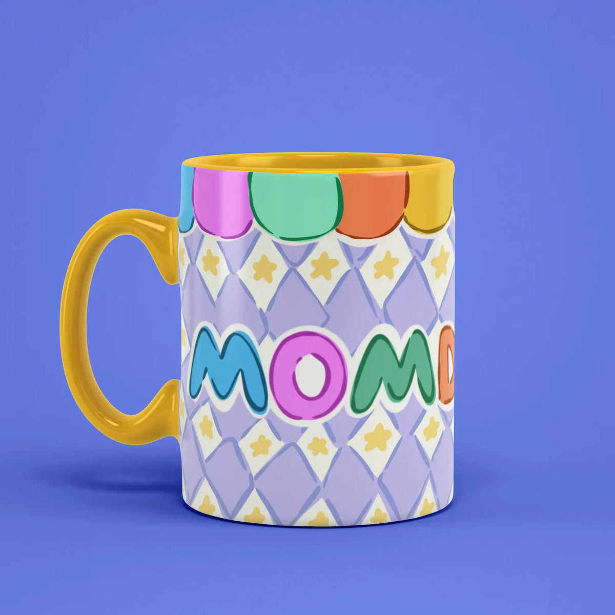 Momderful Mug with colourful lettering and a yellow handle on the left
