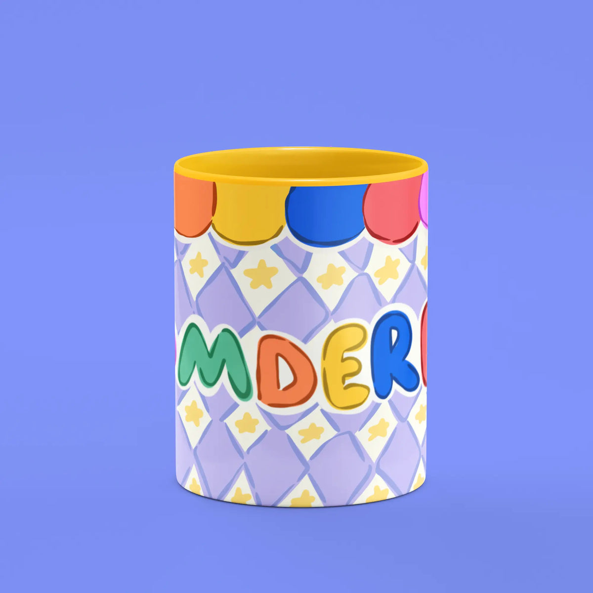 Front view of the Momderful Mug showing playful multicoloured lettering