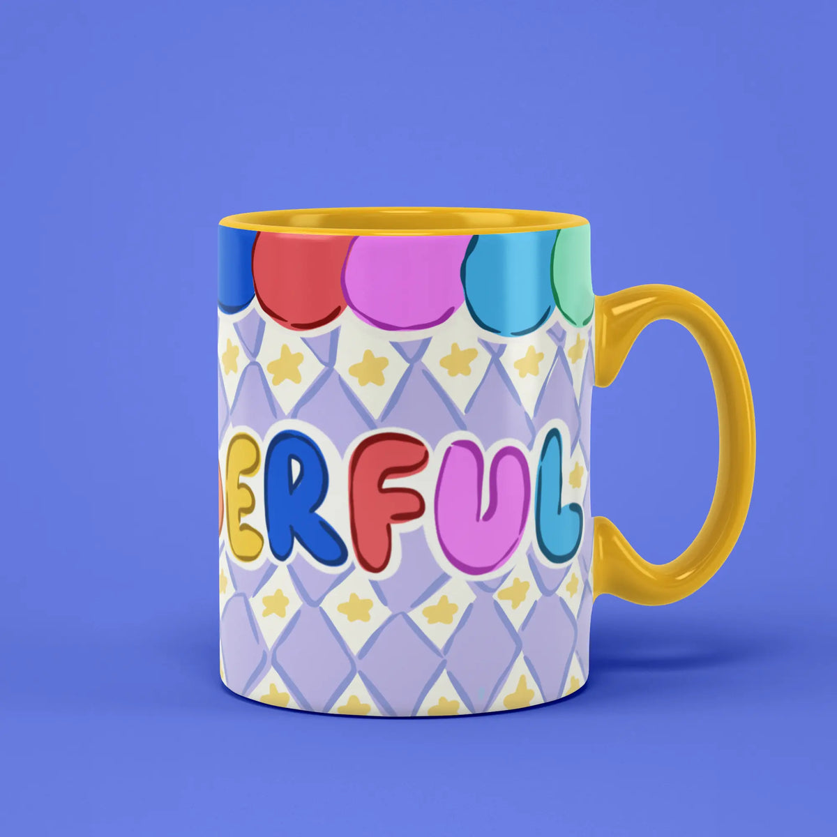 Momderful Mug with bold colourful lettering and a yellow handle