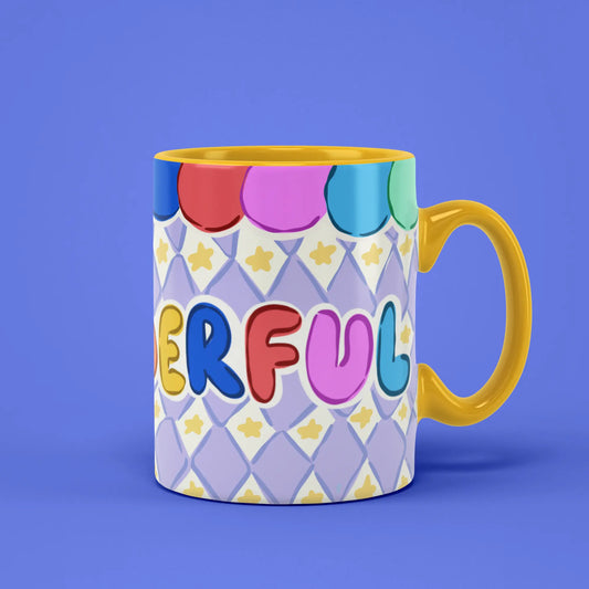 Momderful Mug with bold colourful lettering and a yellow handle