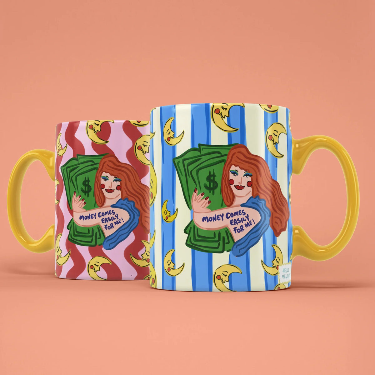 Money Manifestation Mug – two mugs showing front and back of the abundance design