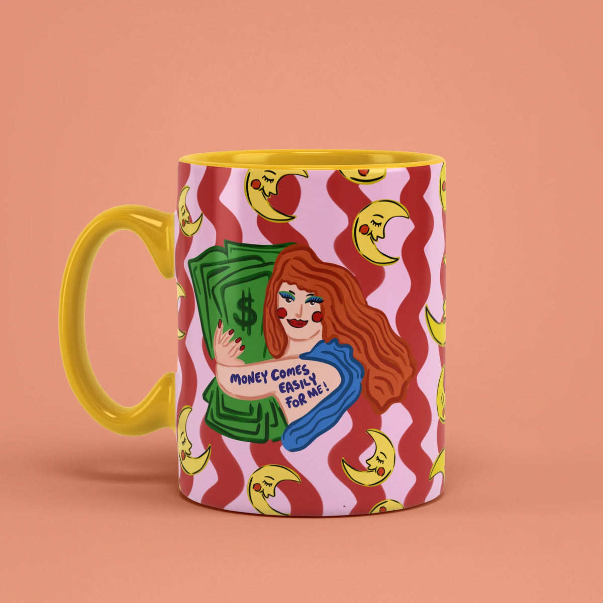 Money Manifestation Mug – abundance cup with yellow handle on left