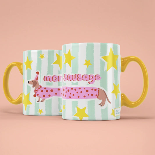 Morning Sausage Mug – two mugs showing front and back of the sausage dog design