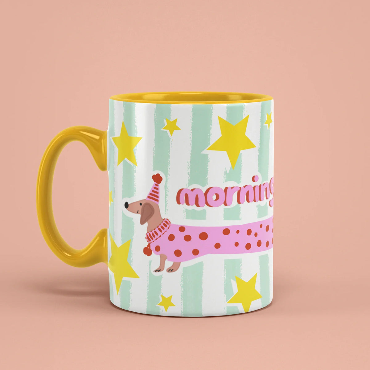 Morning Sausage Mug – dachshund cup with yellow handle on left