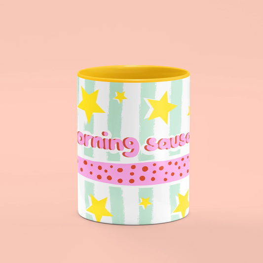 Morning Sausage Mug – front view of sausage banner and dachshund