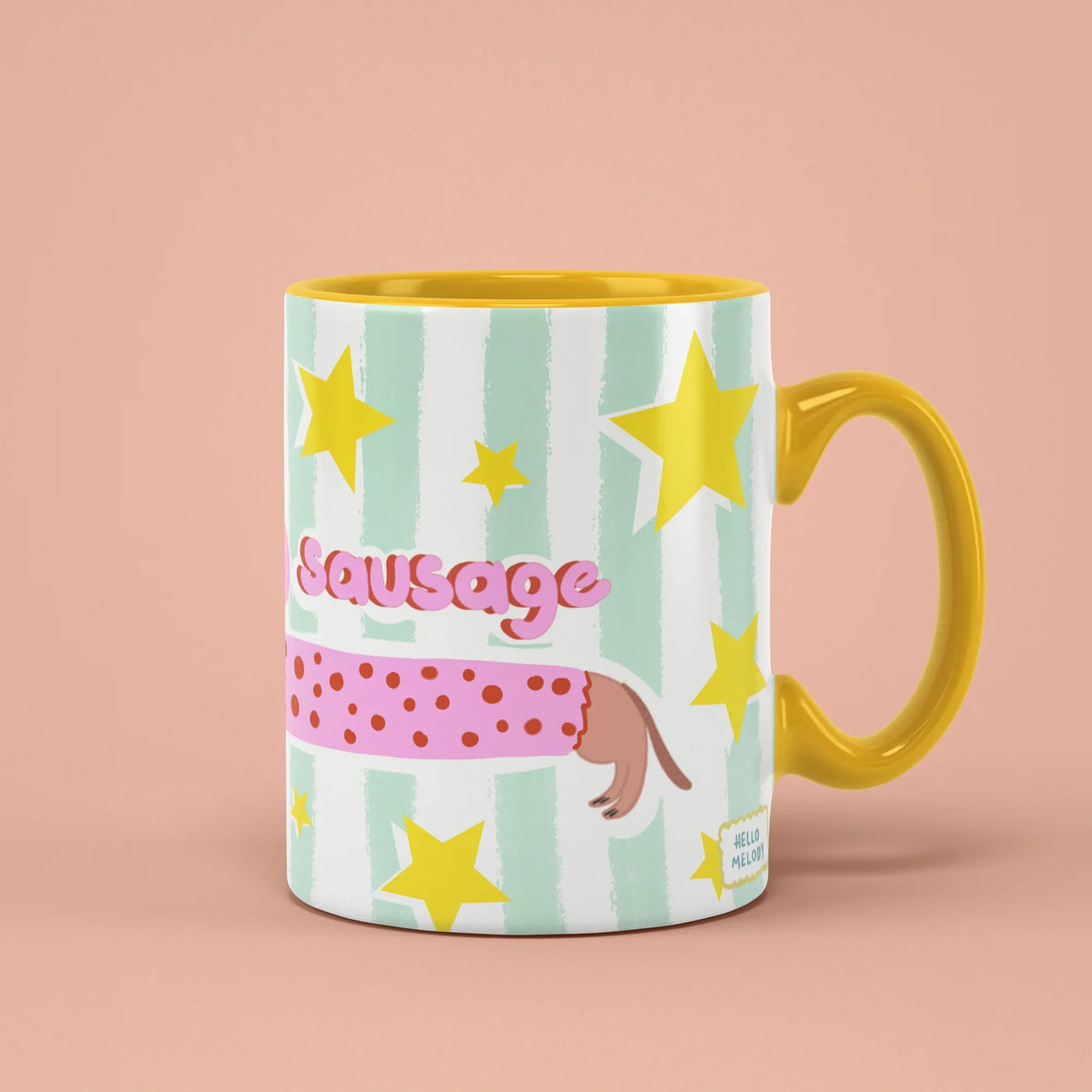 Morning Sausage Mug – dachshund with stars, yellow handle on right