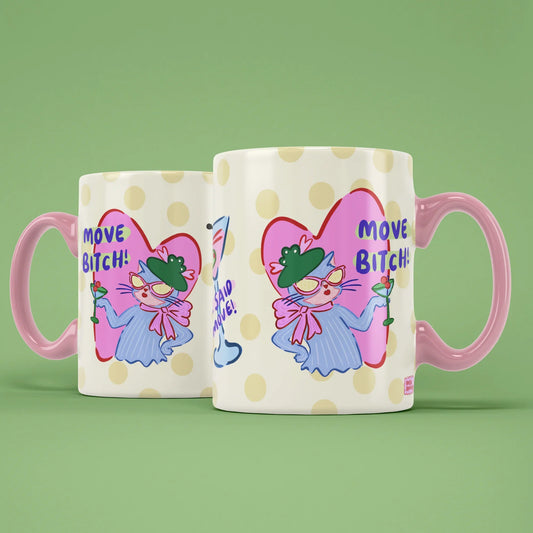 Move Bitch Mug – two mugs showing the front and back of the martini cat design