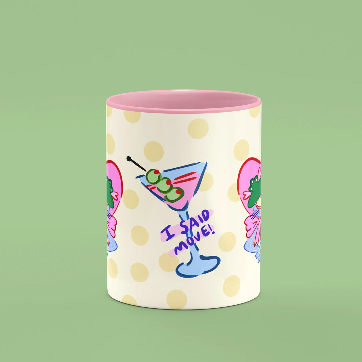 Move Bitch Mug – front view of the cat in a green hat with a martini