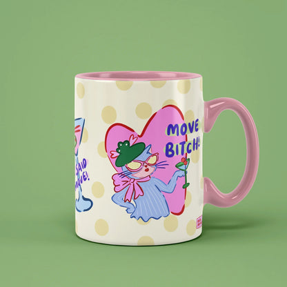 Move Bitch Mug – funny cat with a martini, pink handle on right