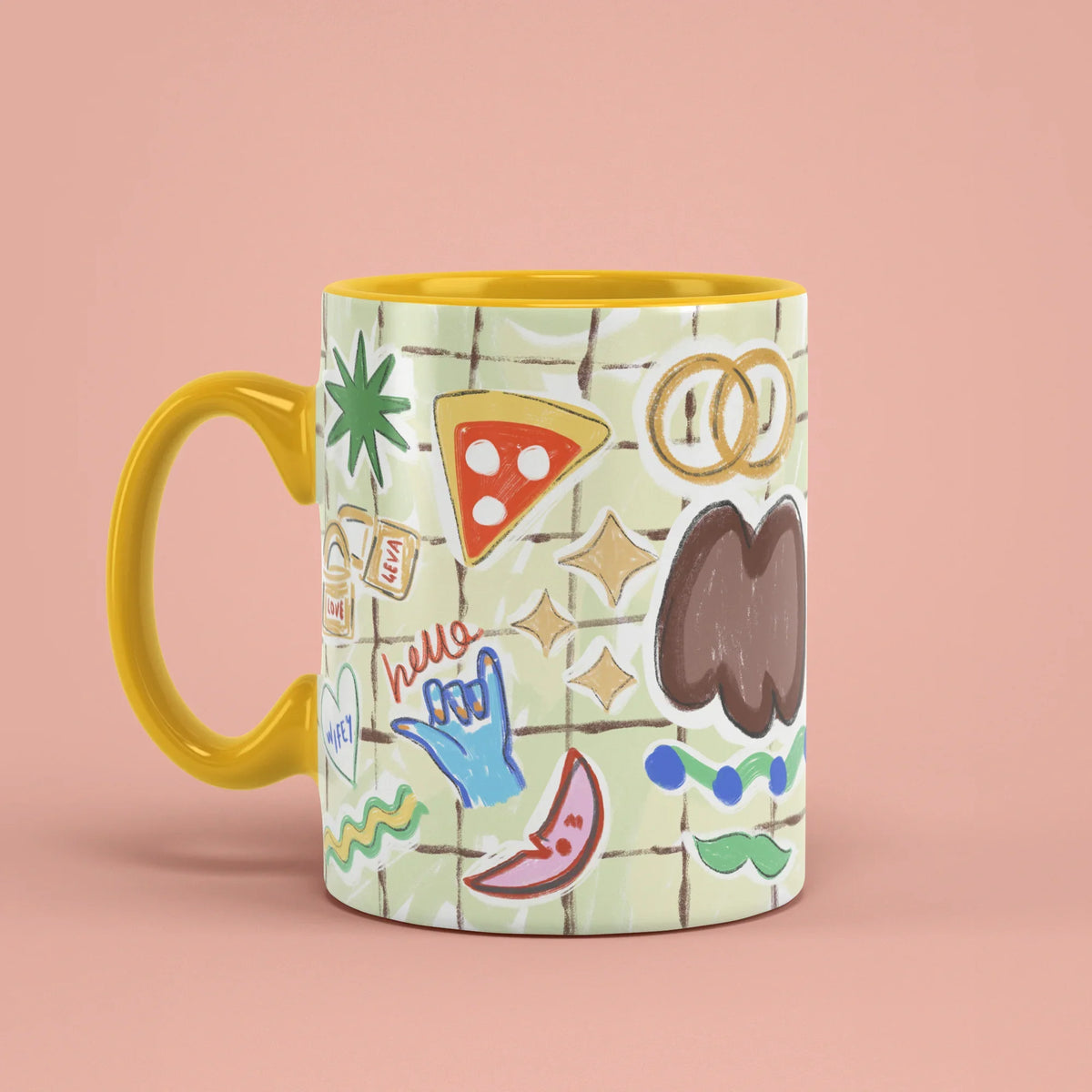 MR Mug – groom cup with yellow handle on left