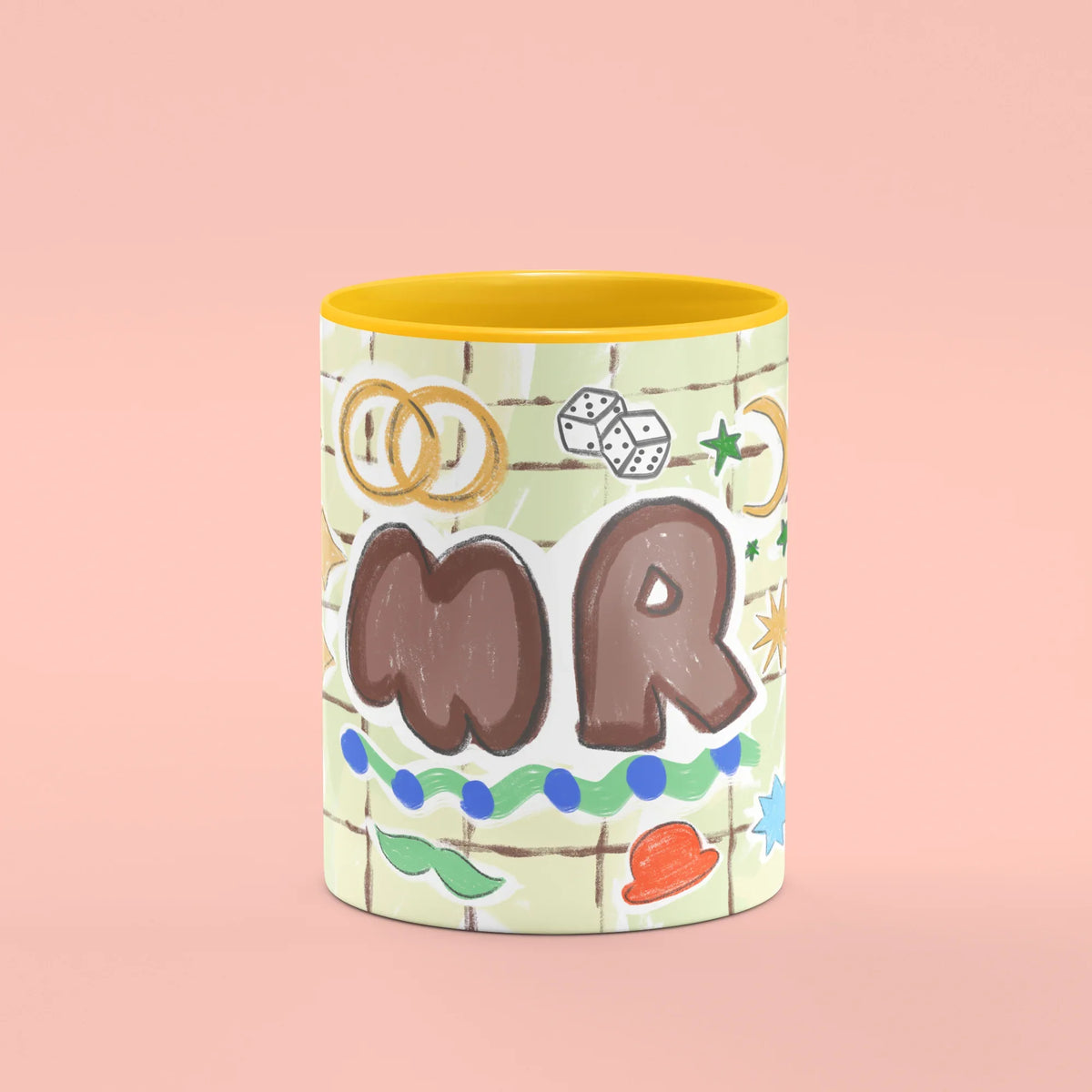 MR Mug – front view of MR lettering with playful doodles
