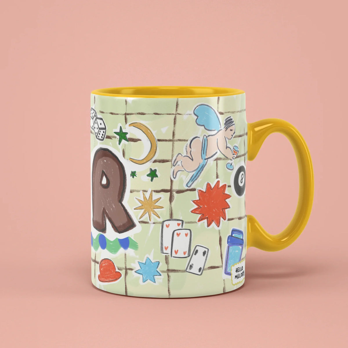 MR Mug – dice, rings and pizza doodles, yellow handle on right