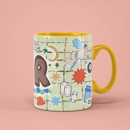 MR Mug – dice, rings and pizza doodles, yellow handle on right