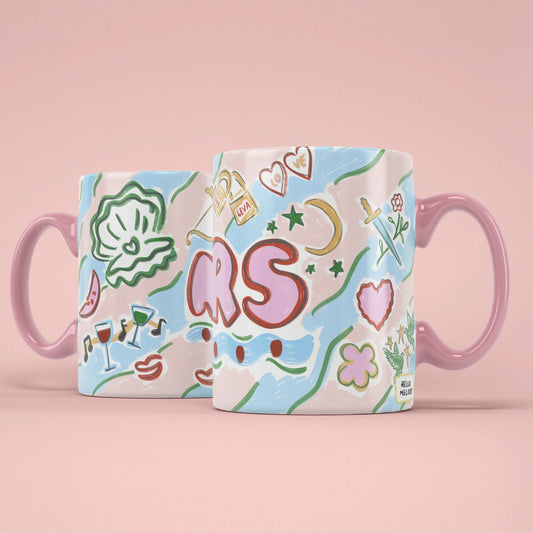 MRS Mug – two mugs showing front and back of the bride design