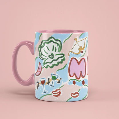 MRS Mug – bride cup with pink handle on left