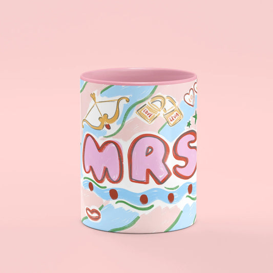 MRS Mug – front view of MRS lettering with champagne and bows