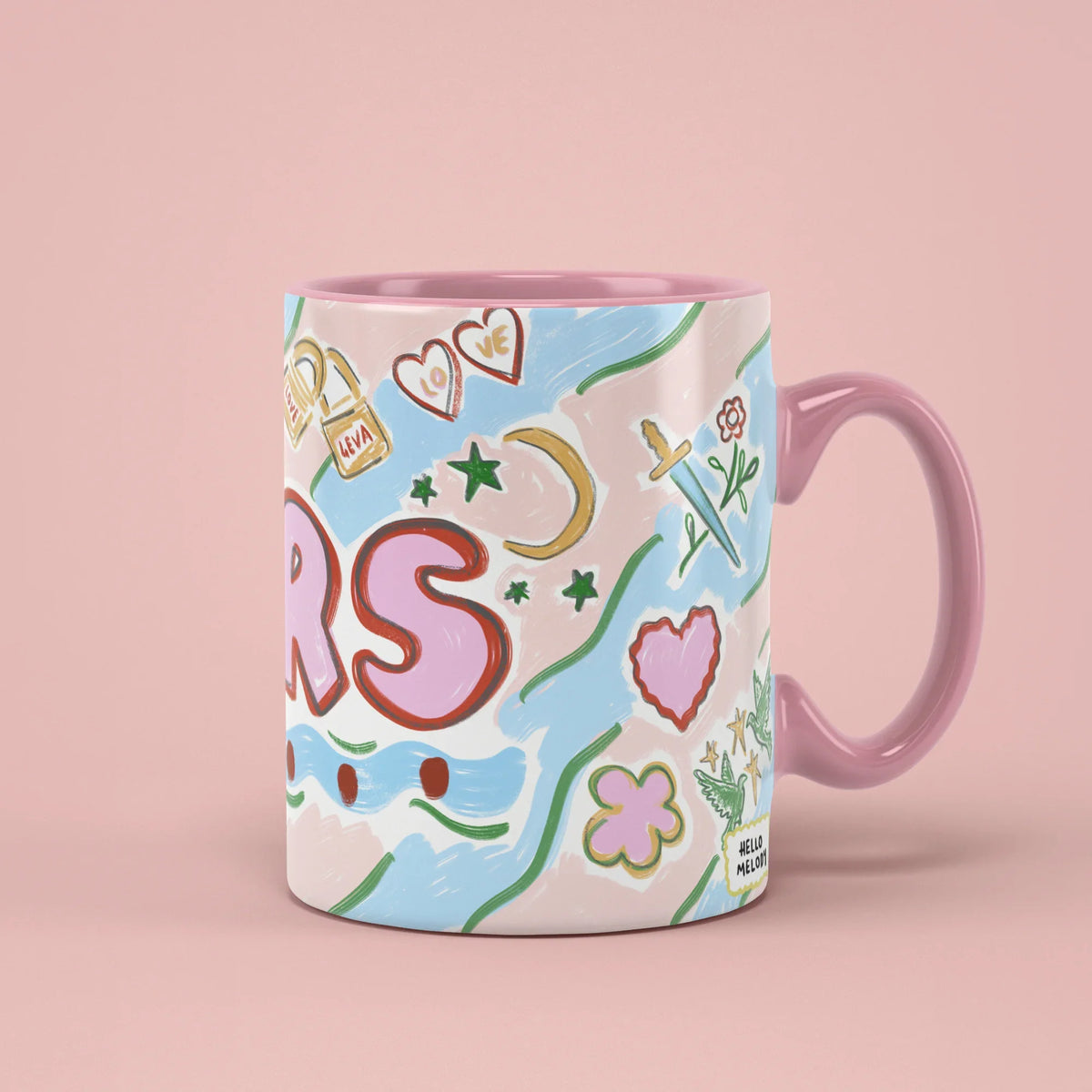 MRS Mug – bridal illustrations in pastel, pink handle on right