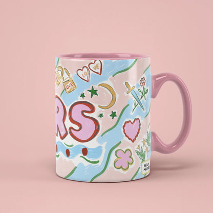 MRS Mug – bridal illustrations in pastel, pink handle on right