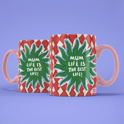 Mum Life Mug shown from both sides with red diamond pattern