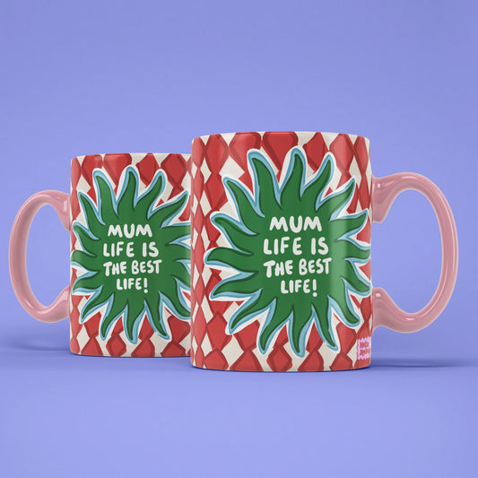 Mum Life Mug shown from both sides with red diamond pattern