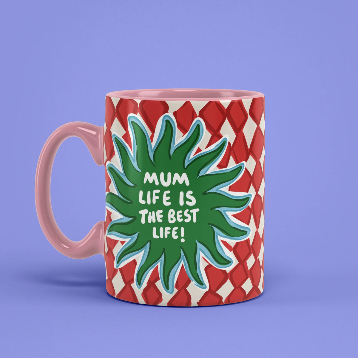 Left view of Mum Life Mug with pink handle