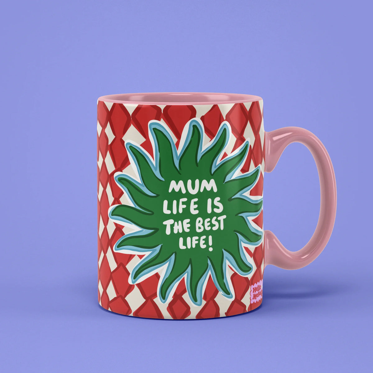 Mum Life Is the Best Life Mug with green sun on red pattern
