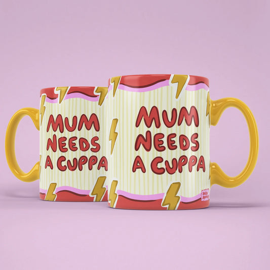 Mum Needs a Cuppa Mug shown from both sides with bolt design