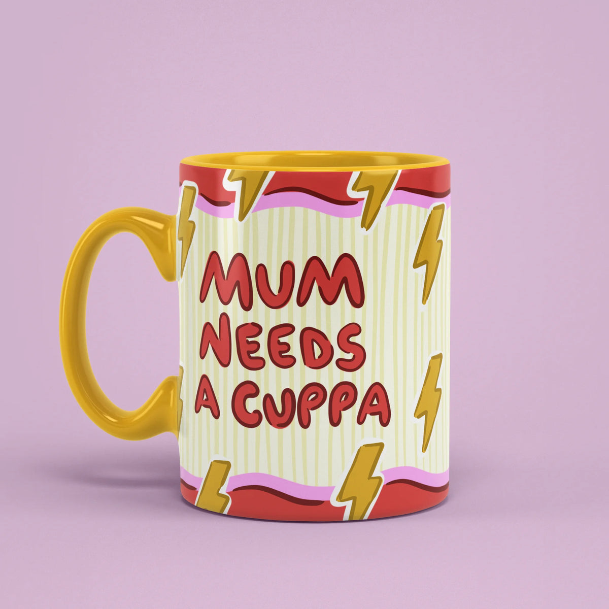 Left view of Mum Needs a Cuppa Mug with yellow handle