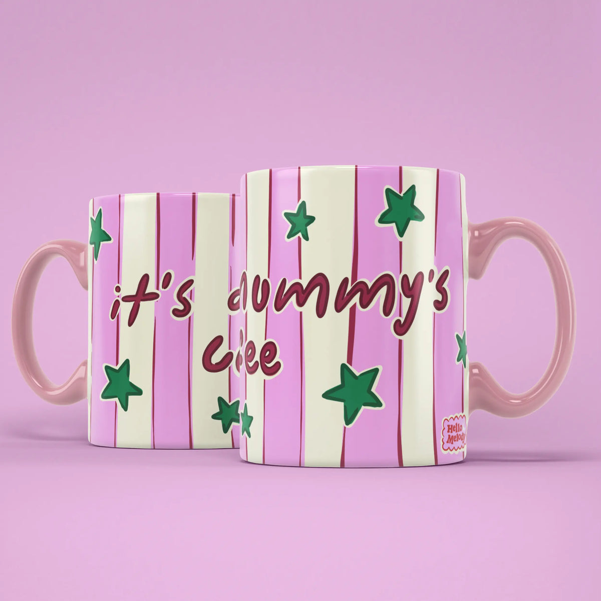Two Mum’s Coffee mugs showing both sides of the playful striped design