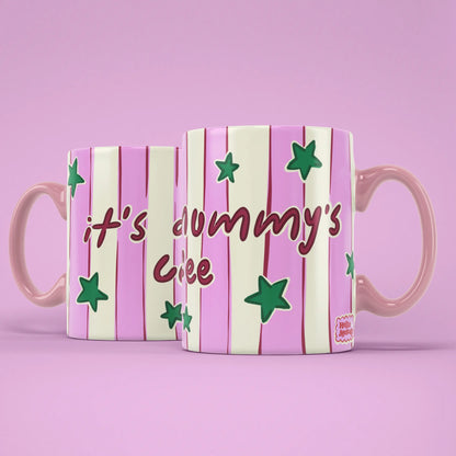Two Mum’s Coffee mugs showing both sides of the playful striped design